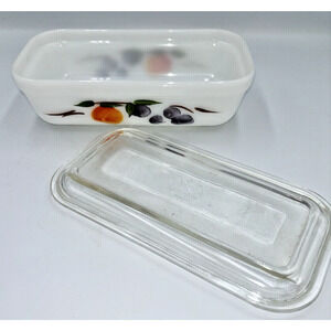 Vtg Fire King Gay Fad Fruits Refrigerator Dish Loaf Pan #5 And Lid 8 1/4" Long